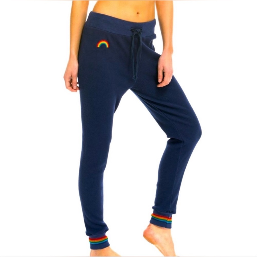 Aviator Nation Waffle Thermal Joggers with Rainbow Embroidery in Navy, Small